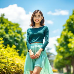 A young beautiful sexy Japanese college student standing outdoors in a vibrant, sunny environment with lush greenery in the background