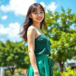 A young beautiful sexy Japanese college student standing outdoors in a vibrant, sunny environment with lush greenery in the background