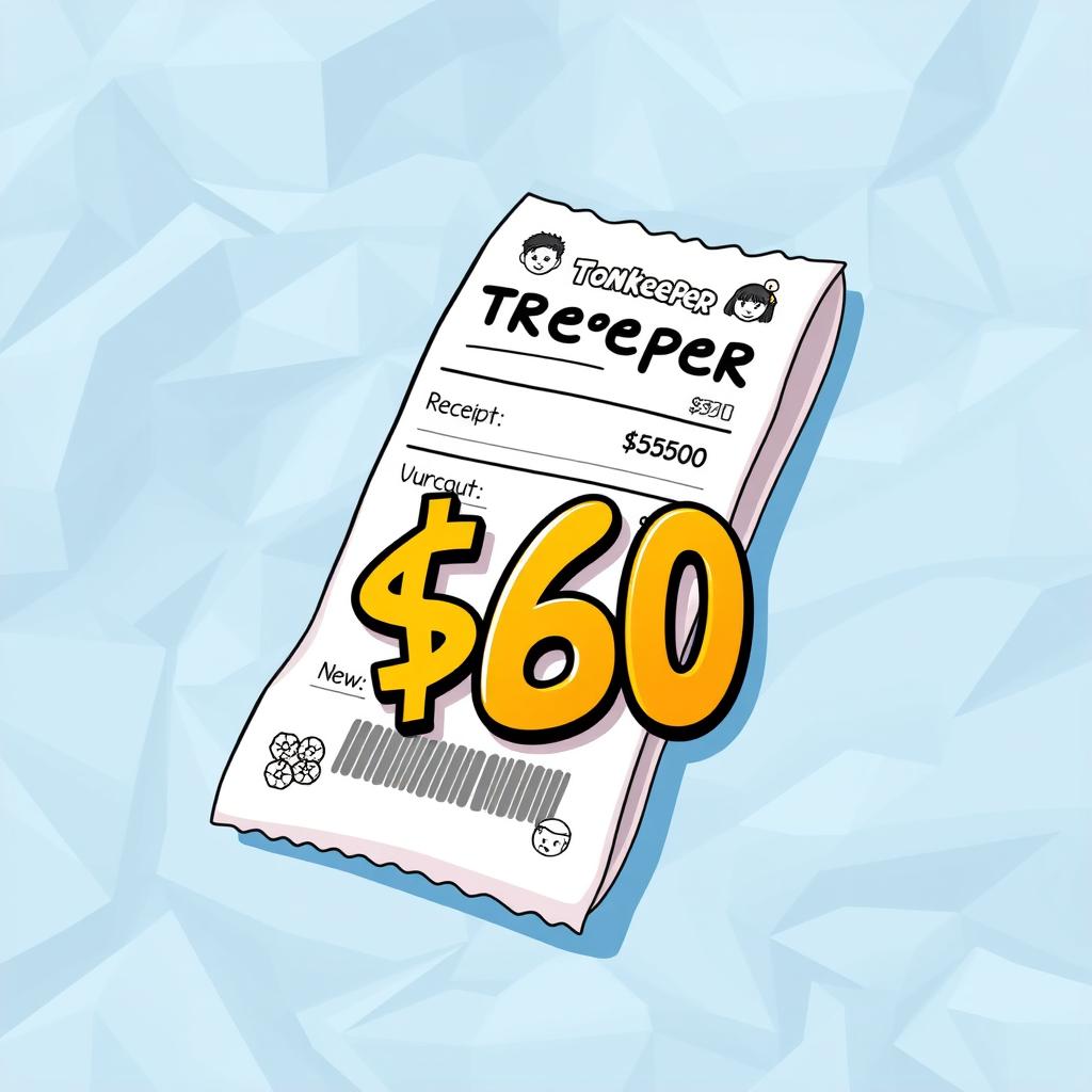 A detailed artistic representation of a $60 receipt from a fictional ‘Toonkeeper’ wallet