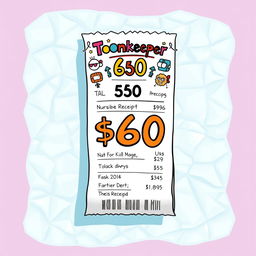 A detailed artistic representation of a $60 receipt from a fictional ‘Toonkeeper’ wallet