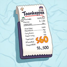 A detailed artistic representation of a $60 receipt from a fictional ‘Toonkeeper’ wallet
