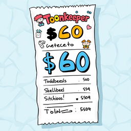 A detailed artistic representation of a $60 receipt from a fictional ‘Toonkeeper’ wallet