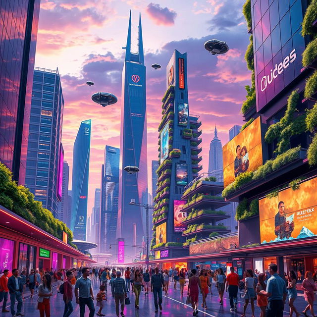 A futuristic cityscape inspired by the image, featuring sleek skyscrapers with neon lights, hovering vehicles, and lush vertical gardens integrated into buildings