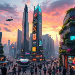 A futuristic cityscape inspired by the image, featuring sleek skyscrapers with neon lights, hovering vehicles, and lush vertical gardens integrated into buildings