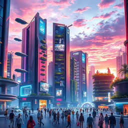 A futuristic cityscape inspired by the image, featuring sleek skyscrapers with neon lights, hovering vehicles, and lush vertical gardens integrated into buildings