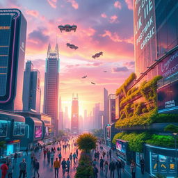 A futuristic cityscape inspired by the image, featuring sleek skyscrapers with neon lights, hovering vehicles, and lush vertical gardens integrated into buildings