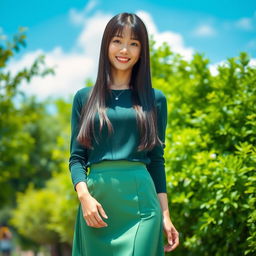 A young, beautiful Japanese woman with straight long black hair standing outdoors in a vibrant, sunny environment filled with lush greenery