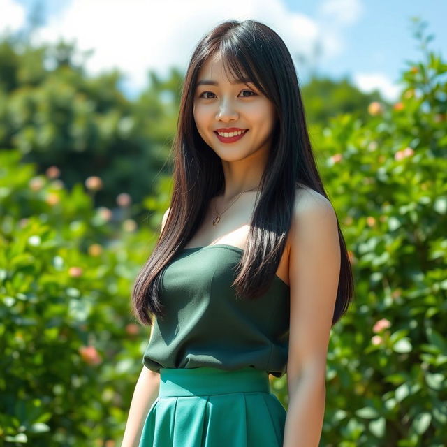 A young, beautiful Japanese woman with straight long black hair standing outdoors in a vibrant, sunny environment filled with lush greenery