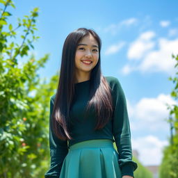 A young, beautiful Japanese woman with straight long black hair standing outdoors in a vibrant, sunny environment filled with lush greenery