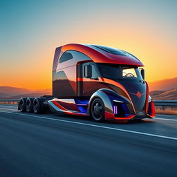 A modern, cutting-edge semi-truck with a sleek design and futuristic features, parked on a scenic highway