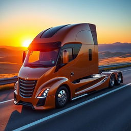 A modern, cutting-edge semi-truck with a sleek design and futuristic features, parked on a scenic highway