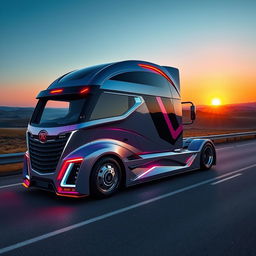 A modern, cutting-edge semi-truck with a sleek design and futuristic features, parked on a scenic highway