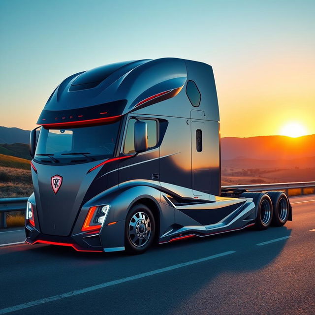 A modern, cutting-edge semi-truck with a sleek design and futuristic features, parked on a scenic highway