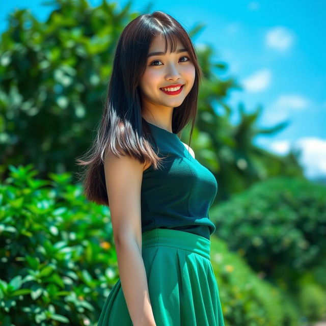 A young, beautiful Japanese woman with straight long black hair standing outdoors in a vibrant, sunny environment filled with lush greenery