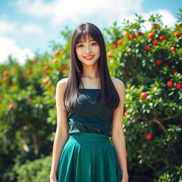 A young, beautiful Japanese woman with straight long black hair standing outdoors in a vibrant, sunny environment filled with lush greenery