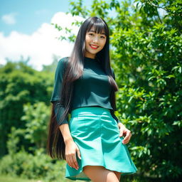 A young, beautiful Japanese woman with straight long black hair standing outdoors in a vibrant, sunny environment filled with lush greenery