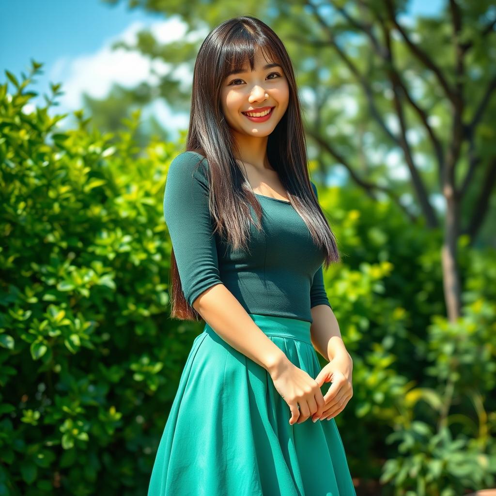 A young, beautiful Japanese woman with straight long black hair standing outdoors in a vibrant, sunny environment filled with lush greenery