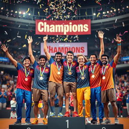 A dynamic and celebratory group photo of a diverse team of champions standing triumphantly on a podium