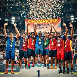 A dynamic and celebratory group photo of a diverse team of champions standing triumphantly on a podium