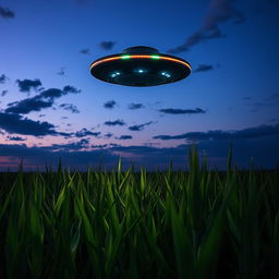 A stunning and dramatic raw photograph depicting a UFO hovering above a vast cornfield under twilight skies
