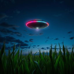A stunning and dramatic raw photograph depicting a UFO hovering above a vast cornfield under twilight skies