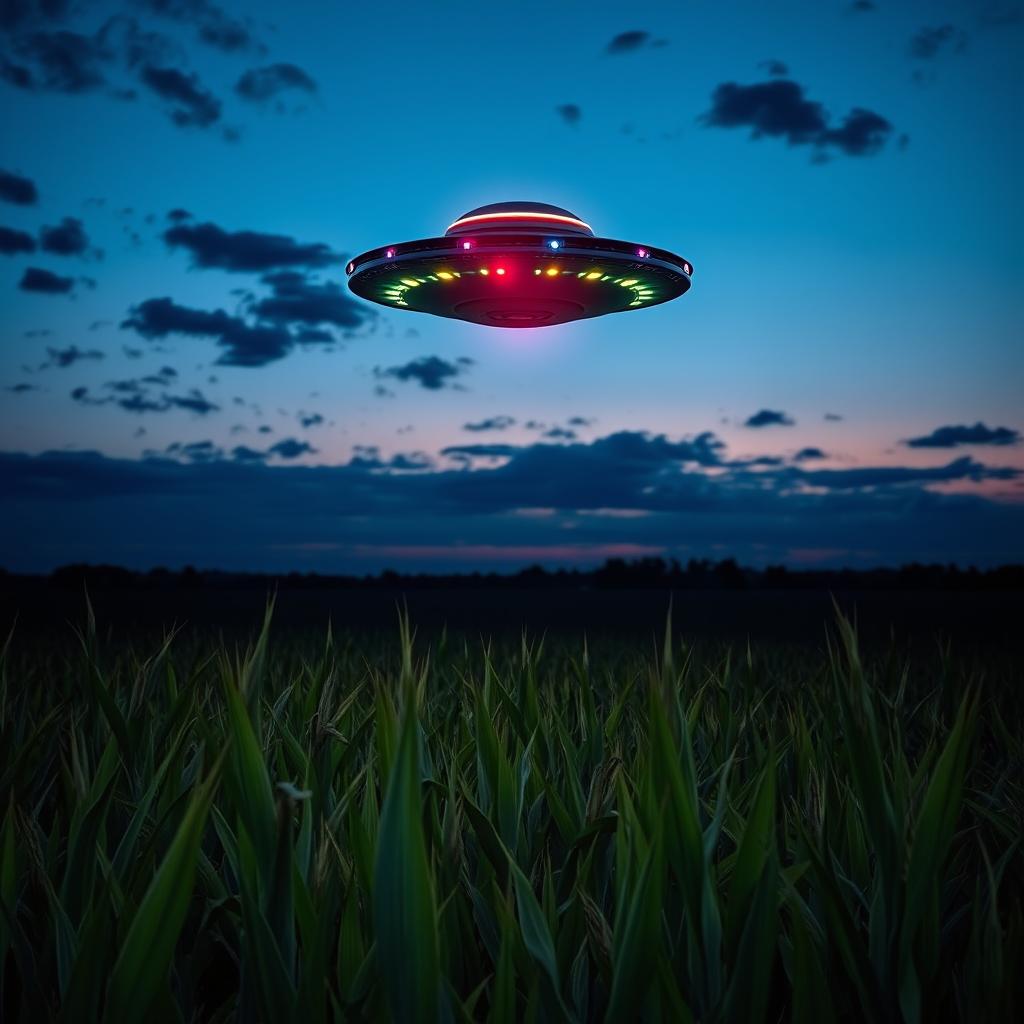 A stunning and dramatic raw photograph depicting a UFO hovering above a vast cornfield under twilight skies