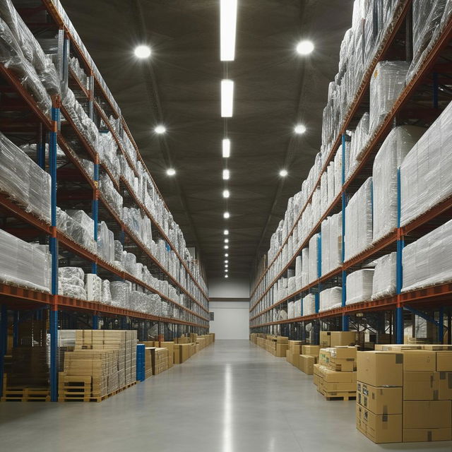 A sprawling, industrial-style warehouse with neat rows of high shelves filled with various unopened boxes, under an expanse of high, exposed ceilings and concrete floors illuminated by numerous overhead lights.