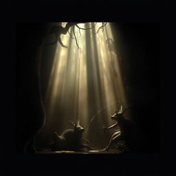 An enchanting scene featuring a dark background, illuminated by beautiful sun rays streaming through, creating a mystical atmosphere