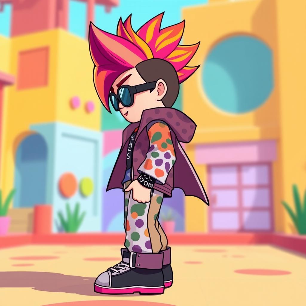 A stylish side view of a cool Roblox character, featuring vibrant and unique clothing with patterns, brightly colored hair styled in an edgy manner, and expressive facial features