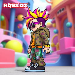 A stylish side view of a cool Roblox character, featuring vibrant and unique clothing with patterns, brightly colored hair styled in an edgy manner, and expressive facial features