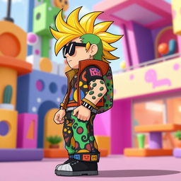 A stylish side view of a cool Roblox character, featuring vibrant and unique clothing with patterns, brightly colored hair styled in an edgy manner, and expressive facial features