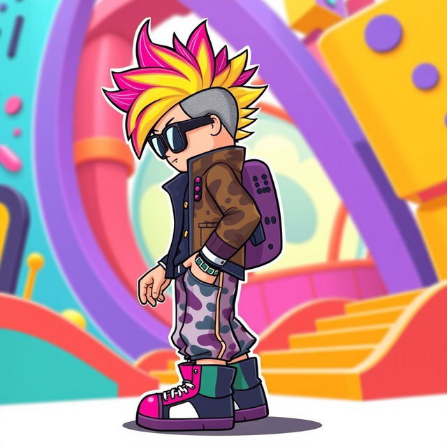 A stylish side view of a cool Roblox character, featuring vibrant and unique clothing with patterns, brightly colored hair styled in an edgy manner, and expressive facial features