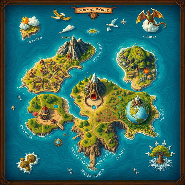 A beautifully detailed fantasy map divided into five distinct islands, each representing a unique realm