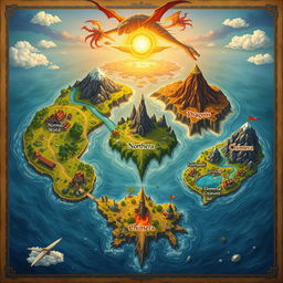 A beautifully detailed fantasy map divided into five distinct islands, each representing a unique realm