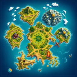 A beautifully detailed fantasy map divided into five distinct islands, each representing a unique realm