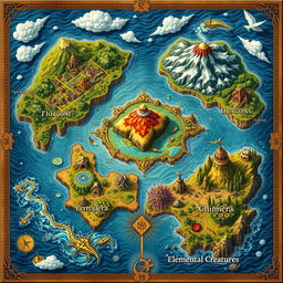 A beautifully detailed fantasy map divided into five distinct islands, each representing a unique realm