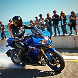 A thrilling scene of a female motorcyclist executing an impressive drift by the picturesque sea
