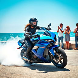 A thrilling scene of a female motorcyclist executing an impressive drift by the picturesque sea