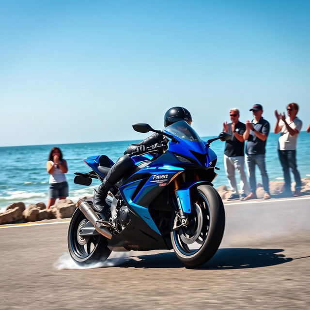 A thrilling scene of a female motorcyclist executing an impressive drift by the picturesque sea