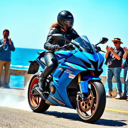 A thrilling scene of a female motorcyclist executing an impressive drift by the picturesque sea