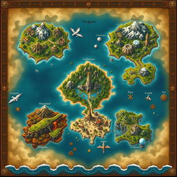 A beautifully crafted fantasy map divided into five distinct islands, each representing a unique realm