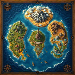 A beautifully crafted fantasy map divided into five distinct islands, each representing a unique realm