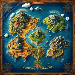 A beautifully crafted fantasy map divided into five distinct islands, each representing a unique realm