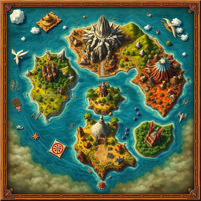 A beautifully crafted fantasy map divided into five distinct islands, each representing a unique realm