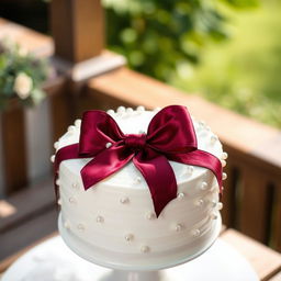 A beautifully decorated white round cake with a rich burgundy bow artfully placed on top