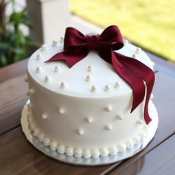 A beautifully decorated white round cake with a rich burgundy bow artfully placed on top
