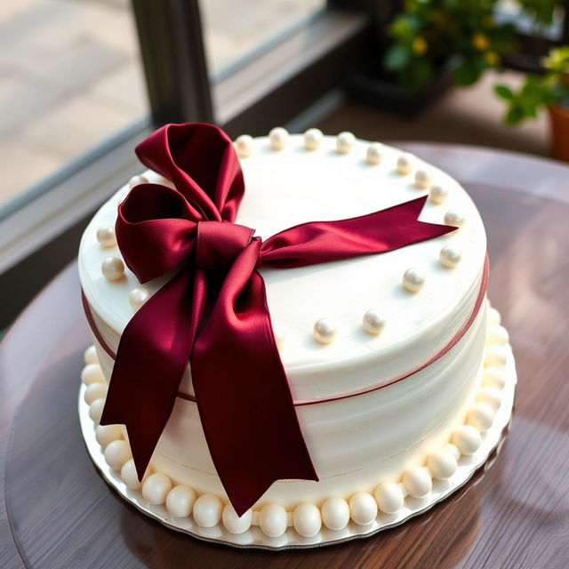 A beautifully decorated white round cake with a rich burgundy bow artfully placed on top