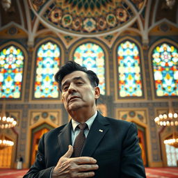 A unique scene depicting a middle-aged man resembling a political figure, with distinctive hairstyle and a suit, respectfully praying inside a beautifully decorated mosque