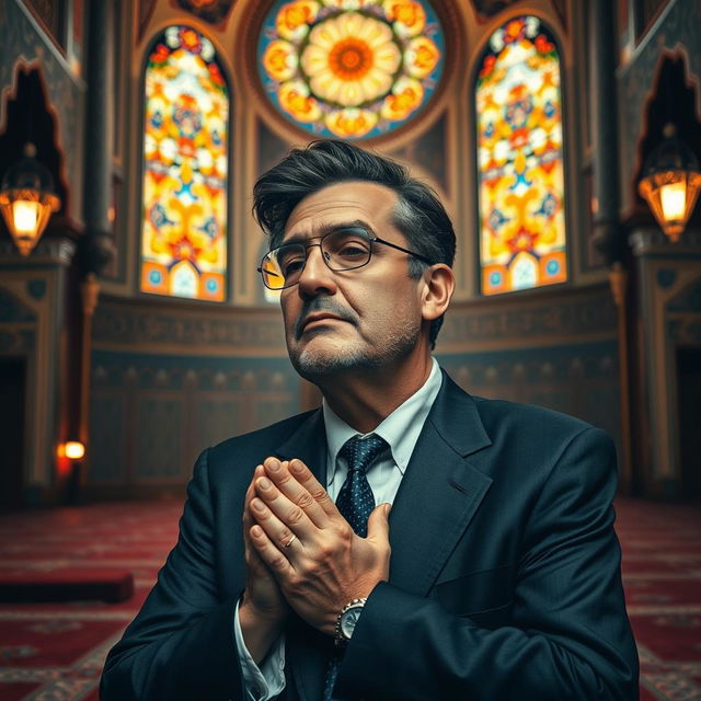 A unique scene depicting a middle-aged man resembling a political figure, with distinctive hairstyle and a suit, respectfully praying inside a beautifully decorated mosque