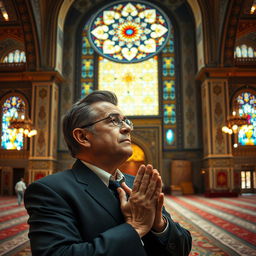 A unique scene depicting a middle-aged man resembling a political figure, with distinctive hairstyle and a suit, respectfully praying inside a beautifully decorated mosque